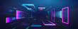 © RDVector - AI quantum tunnel background with data 3D abstract dots for digital tech. Grid code squares and blue portal perspective with a matrix neon aesthetic.