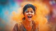 © Oleksandr - A jubilant young woman is covered in vibrant colors, her face lit with infectious laughter, set against a backdrop of swirling hues. Festival fun, celebrating life!