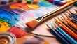 © Stephanie - close up of a paintbrush resting on a canvas surrounded by art supplies a serene scene suggesting creative leisure time pencils colorful
