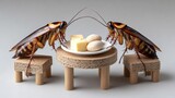 Two cockroaches are sitting on a table with a plate of food. The plate has a piece of bread and a piece of cheese. The cockroaches are looking at the food, and it seems like they are about to eat it