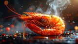 Flavorful cooked crustacean rests glistening on a dark surface emitting fragrant steam