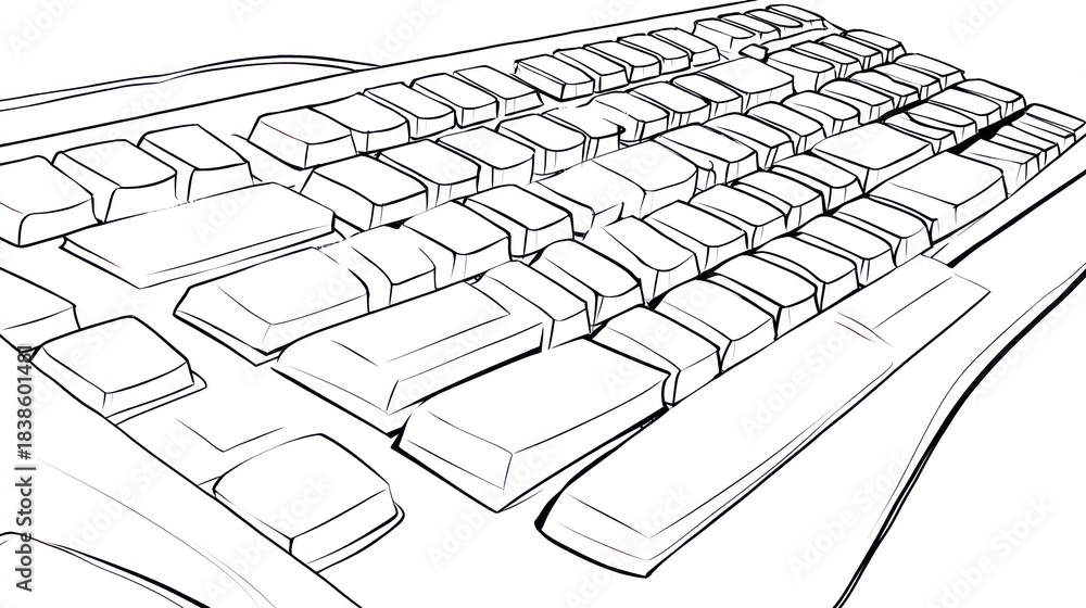 Perspective view of a keyboard; keys are shown in an illustrative, line ...