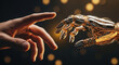 © abu - Dramatic shot of a human hand nearly touching a golden robot arm against a dark backdrop, symbolizing the connection between humanity and artificial intelligence.