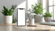 © BudiSanto - Modern office desk scene with a blank screen smartphone mockup ready for app display