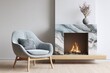 © Basileus - Cozy armchair beside a modern fireplace with a marble surround and glowing fire.