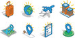 © Hey There - Travel and navigation icon set with suitcase, airplane, globe, map, location pins, checklist, and hotel buildings