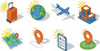 © Hey There - Travel icon set, vacation planning, navigation symbols, suitcase, airplane, globe, hotel, map, checklist, location pin, vector illustration