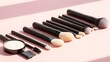 © Aklima - Cosmetics make-up brush set with foundation and pink blush powder for face glamour accessory object