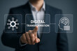 © Jobcens - Digital Transformation Industry 4.0. Modern Smart Manufacturing concept. Engineer offers digital transformation gear icon on a virtual