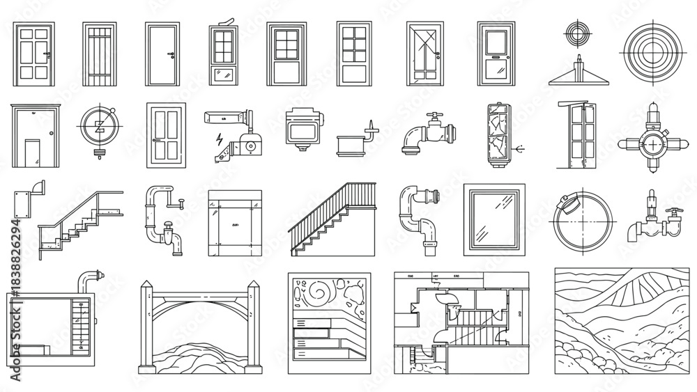 Architectural Door and Window Plan Symbols, Construction Blueprint ...