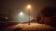 © Valena - Single lamppost glowing in misty snowfall on a quiet residential street at night creating a moody and peaceful winter atmosphere