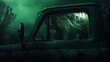 © silver bug - An eerie, abandoned truck sits in murky green gloom, its shattered window revealing ghostly figures inside. The scene drips with suspense, hinting at forgotten stories and chilling secrets.