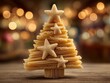 © Rungphailin - Unique Pasta Noodle Christmas Tree Decoration Stacked and Adorned with Star Shaped Ornaments on a Wooden Table