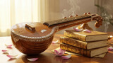 Indian Veena Musical Instrument With Books And Flowers indian music string instrument