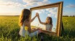© Recon - A young girl sitting in a meadow in front of a rectangular mirror with her reflection on it and touching it with one hand.