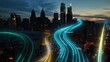 © TechAnimationStock - Digital data streams over a smart city at dusk with glowing network lines showing fast high-tech connectivity