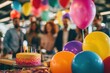© Audrey - Colorful birthday party in workplace with cake, balloons, and blurred coworkers enjoying event in background. High quality