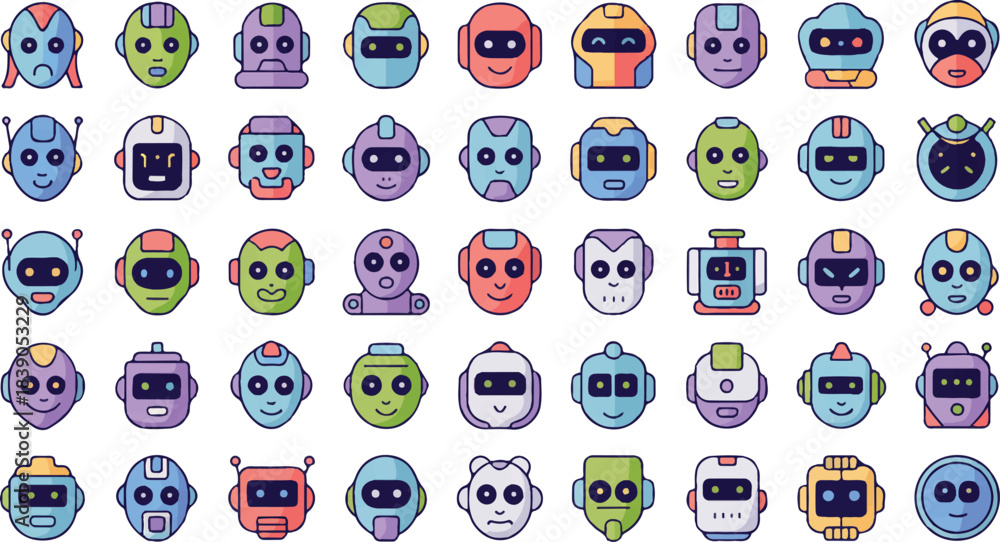 Diverse Robotic AI Faces Modern Technology Icons