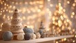 © Audrey - Cozy christmas tree decorated with warm fairy lights and handmade knitted ornaments on the left against creamy off white background with soft blurred bokeh. Festive holiday atmosphere. High quality