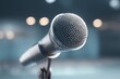 © SUPHANSA - Clean, multi-ethnic professional (focused action) speaking clearly into a simple, modern microphone on a stage, public speaking, clarity, hyperrealism, 16K,