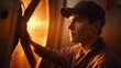 © Thares2020 - A male worker in a cap inspects a large glowing industrial fan bathed in warm golden light suggesting a moment of focused work