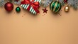 © MissBeauty - a festive flat lay showcasing christmas ornaments a gift and pine branches creating a warm holiday atmosphere with a neutral background high quality professional detailed modern