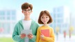 © pkproject - Two cheerful young adults with glasses stand outdoors on a bright day holding a tablet and a book with a blurred university campus in the background