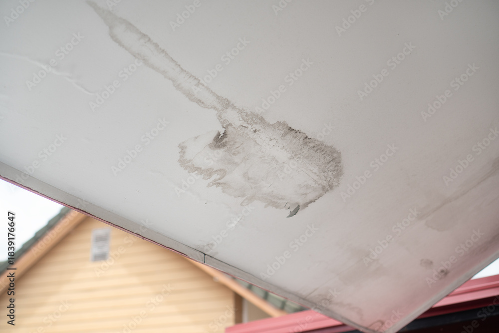 Water seepage stains on ceiling due to leaks from the roof.