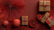 © KETE - Red and gold festive decorations with gift boxes, paper fans, and lanterns on a vibrant red background, celebrating a special occasion.