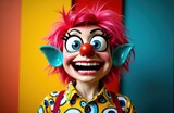 Clown character with makeup and large red nose smiles against colorful backdrop