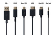 © klyaksun - USB connector collection with various cable types - USB A and C, micro and mini, HDMI and audio jack. Realistic 3D black cables equipment with chrome ports for device charging and data connection.