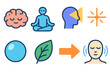 © Crank - Mind Focus Icons. Mental Focus flat set: calm brain, meditation pose, thought beam, attention spark, clarity bubble, mindful leaf, intention arrow, quiet zone.