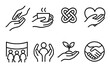 © Crank - Kindness Symbol Icons. Collective Kindness Elements linear set: helping gesture, shared cup, unity knot, compassion heart, community banner, support icon, giving sprout, handshake
