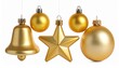 © Bassan - Five golden Christmas ornaments hanging on strings against white background, including stars, bell, and baubles.