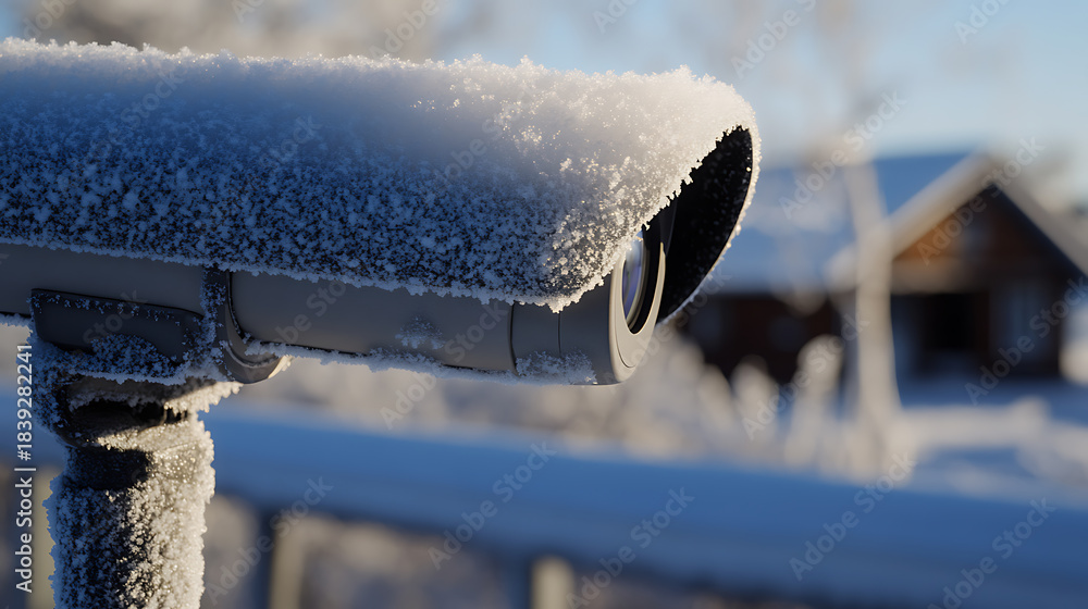 Camera Snow Protection Winter security: A camera, covered in a blanket of snow, stands guard ...