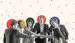© Prostock-studio - A diverse group of six people are smiling and joining their hands together in a show of teamwork. They are dressed in formal attire against a playful collage backdrop featuring vibrant colors.