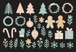 © Shahnaz - Hand Drawn Christmas Doodle Elements Set. Pastel Holiday Collection: Trees, Wreaths, Gingerbread Man, Ornaments, and Floral Sprigs.