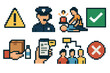 © kamila - Crisis Action Icons. Crisis Action Sequence set of icons in flat pixel vector style: identify danger, alert authorities, assist injured, mark safe zone, distribute supplies, post