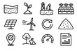 © kamila - Sustainability Icons Collection. Eco Resource Governance linear set: aquifer level icon, forest regeneration sprig, controlled extraction site, regenerative farm bed, solar grid