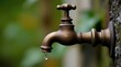 © Alex Pios - Close-up of a old bronze water tap with a drop dripping from the spout, blurred green background.