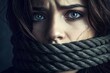 © Alhamdulillah. - A portrait of a frightened woman, her mouth bound with rope. The image conveys a sense of fear, distress, and helplessness.