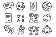 © peppastocker - Global Language Icons. Language Exchange Elements linear set: bilingual chat bubble, translation loop, vocabulary card, world map icon, phrase sheet, character set, shared dialogue