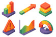 © peppastocker - 3D Risk Analysis Icons. Risk Spectrum Analysis flat isometric set: multi-level bar, hazard progression arrow, risk-tier tile, warning indicator, severity curve, assessment gauge.