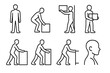 © peppastocker - Ergonomic Safety Icons. Body-safe work practices linear set: upright posture, stable base, controlled lift, ergonomic reach, supported carry, proper push path, safe pull stance,