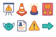 © peppastocker - Safety Icons Collection. Community safety learning set isometric flat set: classroom chart, safety cone, signal light, demonstration kit, protective mask, emergency contact sheet,