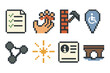 © peppastocker - Equity Icons Set. Equity-Oriented Practices pixel style set: needs assessment sheet, community outreach hand, barrier removal icon, accessible map marker, support network nodes,