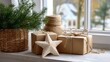 © Iaroslav - Wooden stars and natural wrapped gifts with pine branches creating a rustic festive a decoration by window holiday
