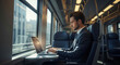 © ณภัทร วงค์มาวิวัฒน์ - Working Commute: A focused individual in professional attire, diligently working on a laptop while commuting via train. The urban landscape subtly unfolds outside the window, adding a layer of depth.