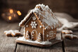 © Freelance - Gingerbread house with snowy icing on rustic wooden surface