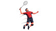 © Kino Studio - Dynamic Badminton Player Leaping to Smash Shuttlecock in Mid Air Action Sport Illustration